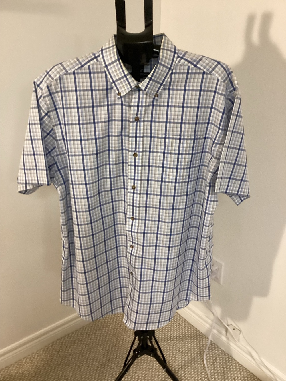 2/$25 Denver Hayes Wrinkle Resistant Muted Blue Plaid Short-Sleeve Dress Shirt